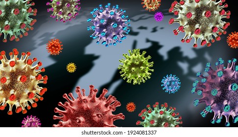 Global Virus Variant And Mutating Cells Concept Or New Coronavirus B.1.1.7 Variants Outbreak And Covid-19 Viral Cell Mutation As An Influenza Background With Dangerous Flu Strain As A 3D Render.