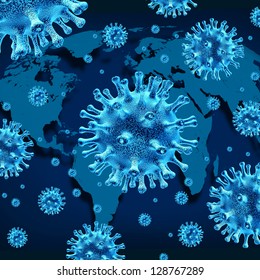 Global virus and world virus infection as a health care symbol with dangerous contagious bacteria infecting different populations as Asia Russia Europe Africa and America on a blue background.