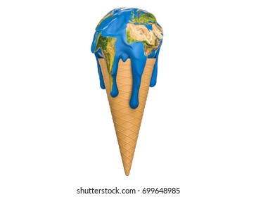 Global Warming And Climate Change Concept, Ice Cream Earth Melts. 3D Rendering, Elements Of This Image Furnished By NASA