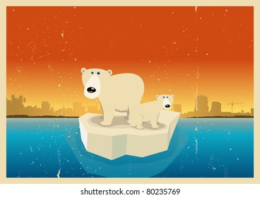 Global Warming Consequences/ Illustration Of A Vintage Polar Bear Family Poster Background, Drifting On Iceberg Towards The City Because Of Global Warming