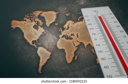 Global Warming, Heat Wave In The World, Thermometer In Front Of Map World, Heatwave In World, Danger Extreme Heat In World, 3D Work And 3D Image