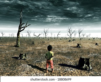 死んだ森の中に女の子がいる地球温暖化のイラスト のイラスト素材