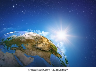 Global Warming On Planet Earth, Viewed From Space Focusing On East Asia, China, Russia. Earth Globe In Deep Space, Sun Rising On The Horizon. 3D Illustration - Elements Of This Image Furnished By NASA