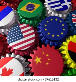 Global World Economy Machine With U.S.A And Europe  In The Center Represented By Gears And Cogs With The Countries Flags Of Greece Russia China Canada Germany Brazil And Britain Representing Trade..