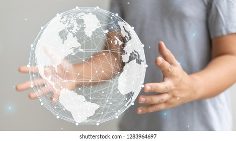 Globalization concept with hand holding world graphic illustration