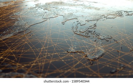 Globalized world, the future of digital technology. Connections and cloud computing in the virtual world. World map with satellite data connections. Connectivity across the world. 3D illustration.