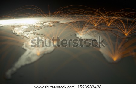 Globalized world, the future of digital technology. Connections and cloud computing in the virtual world. World map with satellite data connections. Connectivity across the world. 3D illustration.