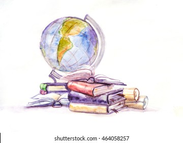 Globe And Books Watercolor 