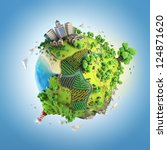 globe concept showing a green, peaceful and idyllic life style in the world in a cartoon style