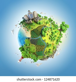 Globe Concept Showing A Green, Peaceful And Idyllic Life Style In The World In A Cartoon Style