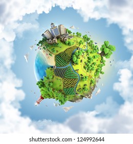 Globe Concept Showing A Green, Peaceful And Idyllic Life Style In The World In A Cartoon Style