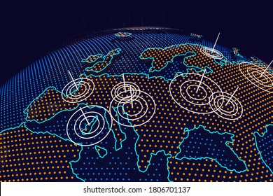 Globe with highlighted continents and pointer marks showing Europe, 3D illustration