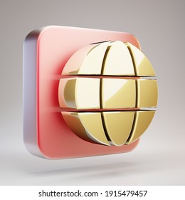 Globe Icon. Golden Globe Symbol On Red Matte Gold Plate. 3D Rendered Social Media Icon.