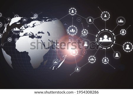 Globe icon with muptiple small application icons near it on a dark background, worldwide web and social communication concept, 3d rendering