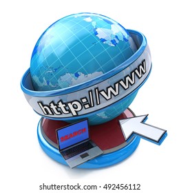 Globe internet searching concept, web page or internet browser. http://www. written in search bar in the design of the information related to the Internet. 3d illustration