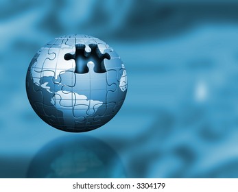 Globe with jigsaw puzzle texture with one piece missing