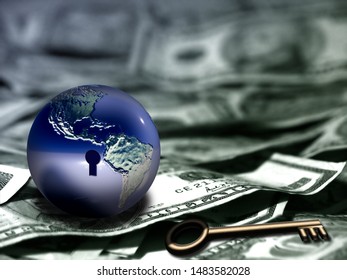 Globe With Keyhole And Key On US Dollars. 3D Rendering