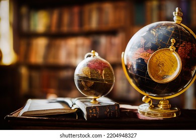 Globe In A Library Study Room, Warm And Cozy Atmosphere, With Antique Books And Antiques, Illustration 3D