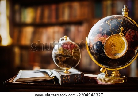 Globe in a library study room, warm and cozy atmosphere, with antique books and antiques, illustration 3D