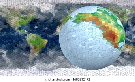 A globe with a low poly image rotates in 3D space against the background of a flat image of the Earth broken into cells with black veins. Recoded from 3D high quality 4K program.