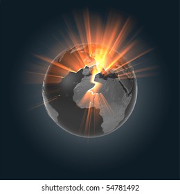 A Globe Made From Dark Metals With Cracks On It's Surface. Bright, Orange Light From It's Core Is Shining Through Into Space.