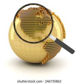 Globe With Magnifying Glass, Economy Outlook Concept, 3d Render