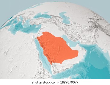 Globe Map Of The Arabian Peninsula, Middle East Physical Map, 3d Render, Map With Relief And Mountains. Arabian Sea, Red Sea And Persian Gulf. Saudi Arabia, Yemen, Oman, United Arab Emirates, Iran. 