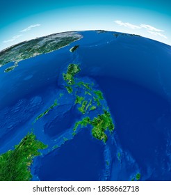 Globe Map Of The Philippines, Physical Map Asia, East Asia, Map With Reliefs And Mountains And Pacific Ocean, Atlas, Cartography. Satellite View. 3d Render. Element Of This Image Is Furnished By Nasa