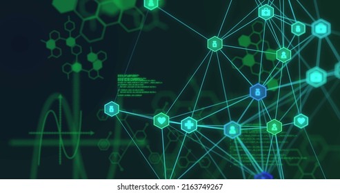 Globe Of Medical Icons Spinning Over Chemical Structures And Data Processing On Black Background. Cyber Security And Medical Research Science Technology Concept