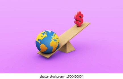 Globe And Money Sing On A Scale With A Purple Background.  Climate Emergency Concept. Climate Change Concept. 3d Rendering