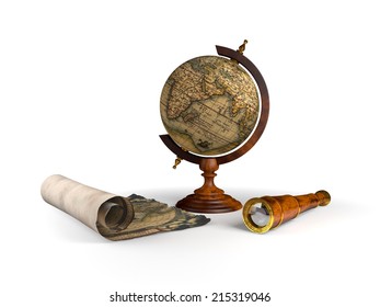 globe, old map and spyglass