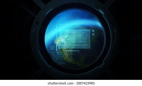 Globe from the porthole of a spaceship. 3D render