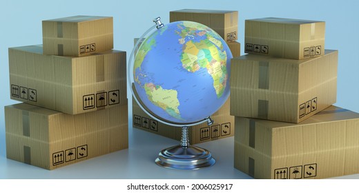 Globe School Planet Earth And Moving Boxes. Moving Global Business. Woldwide International Relocation Services Concept. 3d Illustration. 3d Illustration