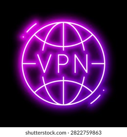 Globe With VPN Text For Secure Internet Secure. Neon glowing effect icon