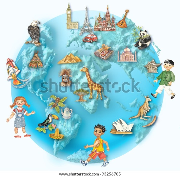 Globe. World view with multicultural kids and\
icons, representing cultures and nations. Elements hand painted in\
watercolors/pastel, \
isolated.