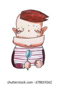 Gloomy Cartoon Monster Boy With Square Jaw And Sharp Teeth Waiting For His Meal Holding A Spoon. Comic Book Character Hand-drawn With Watercolors