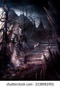 A gloomy, creepy landscape with dark, thick clouds and sharp rocks, dry trees and scary creatures. A mysterious wasteland with staircase in the mountains and white mist, with bones and live skeletons.