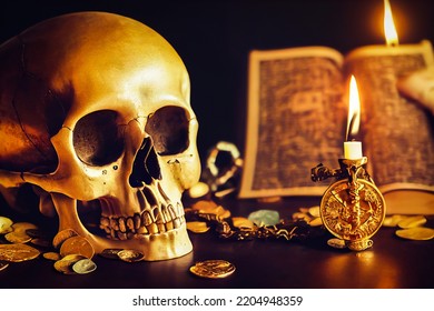 Gloomy Human Skull On A Satanist Pirate Table, With Gold Coin, Candle And Old Book, Illustration 3D