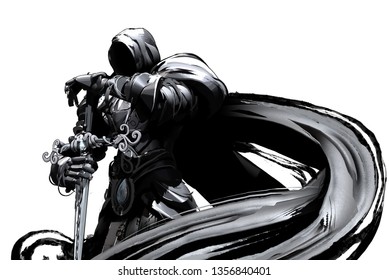 Gloomy knight in black armor with a cloak and sword in his hands stands proudly on a white background