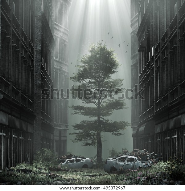 通りの真ん中に大きな木がある陰鬱な景色 3dイラスト のイラスト素材