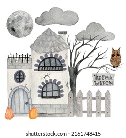 Gloomy watercolor halloween illustration. Witch house with fense, moon and dark clouds, a old tree with owl on a white background.