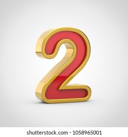 Gloosy Number 2. 3D Render Red Font With Golden Outline Isolated On White Background.