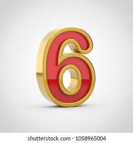 Gloosy Number 6. 3D Render Red Font With Golden Outline Isolated On White Background.