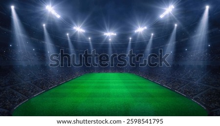 Glorious empty grass field ready for epic match in a sports stadium full of thrilled fans, professional sports background for advertisement.