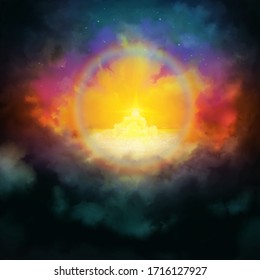 Glory, rainbow, and Great White throne of Jesus, a depiction of Revelation chapter 20. Biblical religious imagery illustration
