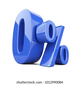 Glossy blue zero percent or 0 % special Offer. Isolated over white background 3d illustration.