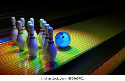 Glossy bowling ball and skittles on the alley. Dark scene with rainbow shining colors. 3D render image.