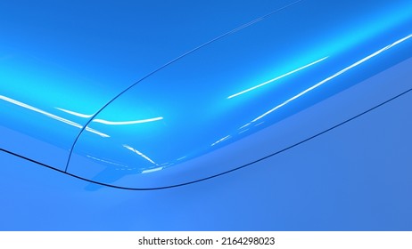 Glossy Car Paint On A Smooth Surface. Blue Background With Metal Curves. Reflections And Highlights In A Rounded Shape. 3d Illustration