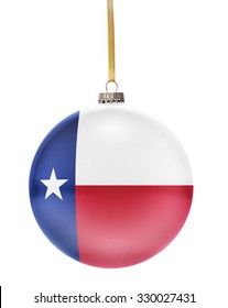A glossy christmas ball in the national colors of Texas hanging on a golden string isolated on a white background.(series)