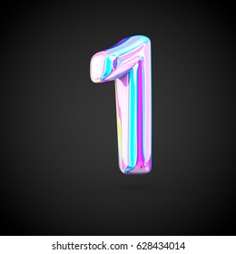 Glossy Holographic Number 1. 3D Render Of Holographic Font Isolated On Black Background.